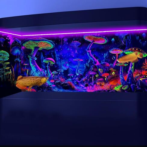 24X12IN Blacklight Mushroom Black Light Aquarium Background UV Reactive Background Starry Sky Terrarium Mushroom Theme Background with 10 EVA Double-Sided Tape in Saudi Arabia