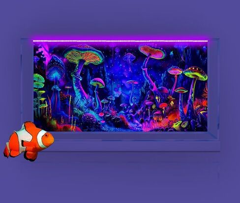 24X12IN Blacklight Mushroom Black Light Aquarium Background UV Reactive Background Starry Sky Terrarium Mushroom Theme Background with 10 EVA Double-Sided Tape in Saudi Arabia
