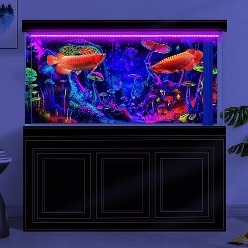 24X12IN Blacklight Mushroom Black Light Aquarium Background UV Reactive Background Starry Sky Terrarium Mushroom Theme Background with 10 EVA Double-Sided Tape in Saudi Arabia