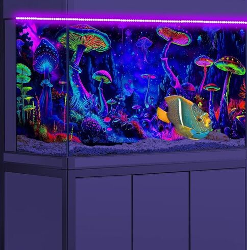 24X12IN Blacklight Mushroom Black Light Aquarium Background UV Reactive Background Starry Sky Terrarium Mushroom Theme Background with 10 EVA Double-Sided Tape in Saudi Arabia