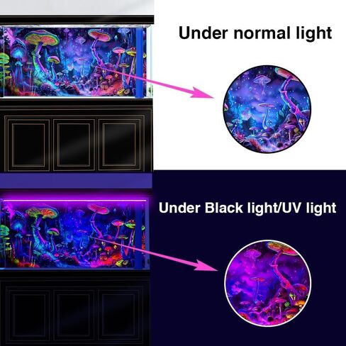 24X12IN Blacklight Mushroom Black Light Aquarium Background UV Reactive Background Starry Sky Terrarium Mushroom Theme Background with 10 EVA Double-Sided Tape in Saudi Arabia