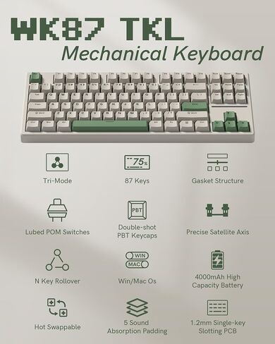 COSTOM WK87 75% TKL Wireless Mechanical Gaming Keyboard, 2.4Ghz/Bluetooth/USB-C Gasket Hot Swappable RGB Backlits Custom Keyboard with 4000mAh Battery, Pre-lubed POM Linear Switches, Black in Saudi Arabia