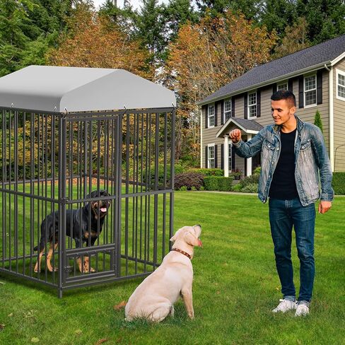 Large Outdoor Dog Kennel, Heavy Duty Dog Cage with Roof, Dog Kennel Galvanized Iron Dog House with Safety Locks,UV & Water Resistant Proof Cover, for Garden Backyard Black (4x4x6FT) in Kuwait