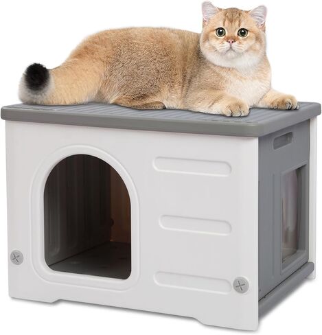 Rockever Plastic Cat House Outdoor with Escape Door, Waterproof Feral Cat House Outdoor Indoor, Sturdy Cat House for Outdoor Cats with Cat Bed Mat, Assemble Easily-Grey in Kuwait