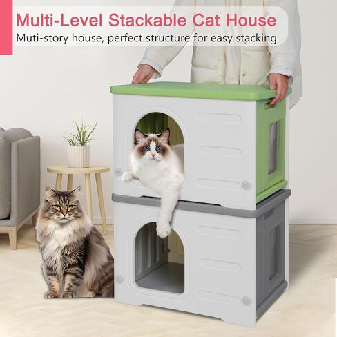 Rockever Plastic Cat House Outdoor with Escape Door, Waterproof Feral Cat House Outdoor Indoor, Sturdy Cat House for Outdoor Cats with Cat Bed Mat, Assemble Easily-Grey in Kuwait
