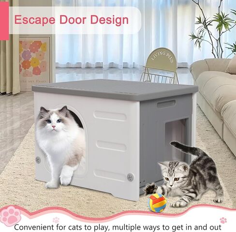 Rockever Plastic Cat House Outdoor with Escape Door, Waterproof Feral Cat House Outdoor Indoor, Sturdy Cat House for Outdoor Cats with Cat Bed Mat, Assemble Easily-Grey in Kuwait