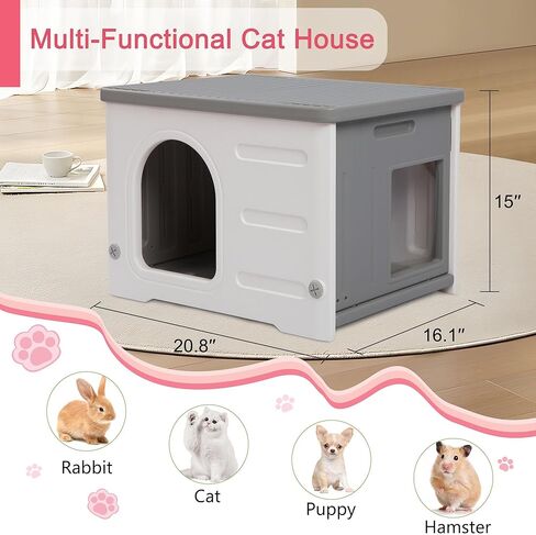 Rockever Plastic Cat House Outdoor with Escape Door, Waterproof Feral Cat House Outdoor Indoor, Sturdy Cat House for Outdoor Cats with Cat Bed Mat, Assemble Easily-Grey in Kuwait