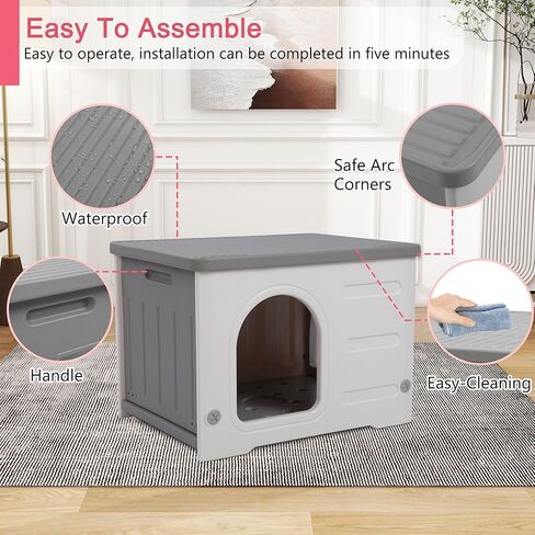 Rockever Plastic Cat House Outdoor with Escape Door, Waterproof Feral Cat House Outdoor Indoor, Sturdy Cat House for Outdoor Cats with Cat Bed Mat, Assemble Easily-Grey in Kuwait