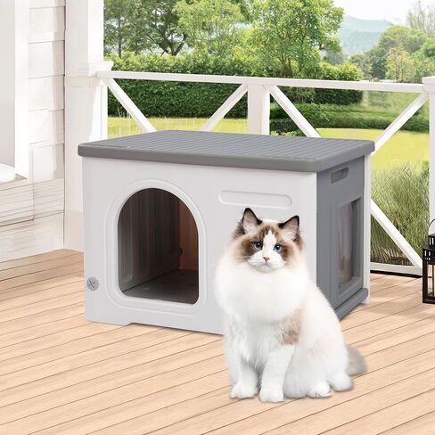 Rockever Plastic Cat House Outdoor with Escape Door, Waterproof Feral Cat House Outdoor Indoor, Sturdy Cat House for Outdoor Cats with Cat Bed Mat, Assemble Easily-Grey in Kuwait