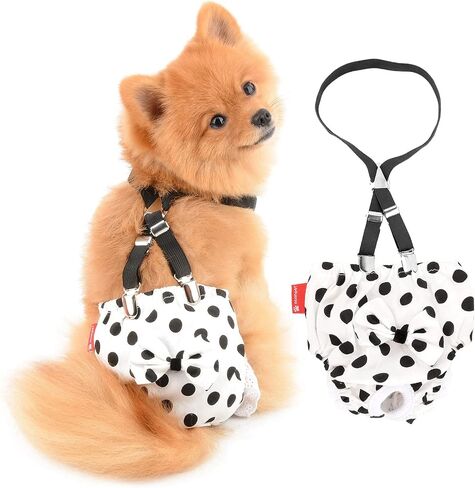 SMALLLEE_LUCKY_STORE Retro Polka Dot Girl Dog Diapers for Female with with Suspender Washable Reusable Cloth Sanitary Pants for Heat Cycle Incontinence Puppy Training in Kuwait