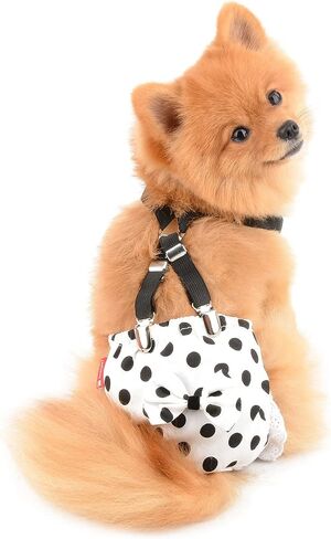 SMALLLEE_LUCKY_STORE Retro Polka Dot Girl Dog Diapers for Female with with Suspender Washable Reusable Cloth Sanitary Pants for Heat Cycle Incontinence Puppy Training in Kuwait