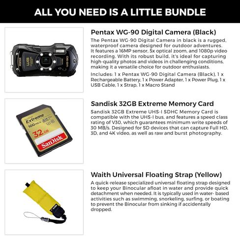 Pentax WG-90 Waterproof Digital Camera (Black) | 2.7" LCD Monitor with 32GB Extreme UHS-I SDHC Memory Card and Waith Camera Strap (Yellow) (Essential Bundle) in Kuwait