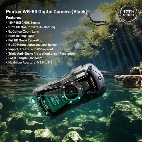 Pentax WG-90 Waterproof Digital Camera (Black) | 2.7" LCD Monitor with 32GB Extreme UHS-I SDHC Memory Card and Waith Camera Strap (Yellow) (Essential Bundle) in Kuwait