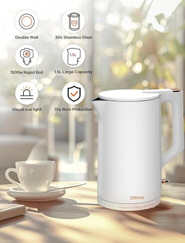 Electric Kettle, 304 Stainless Steel Interior, BPA-Free, Double Wall 1.5L Hot Water Boiler, 1500W Tea Kettle with Auto Shut-Off & Boil Dry Protection, Cordless Base & LED Indicator, White in Saudi Arabia