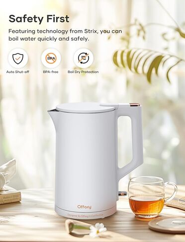 Electric Kettle, 304 Stainless Steel Interior, BPA-Free, Double Wall 1.5L Hot Water Boiler, 1500W Tea Kettle with Auto Shut-Off & Boil Dry Protection, Cordless Base & LED Indicator, White in Saudi Arabia