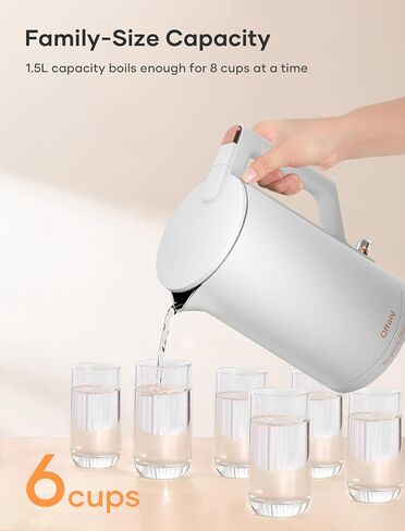Electric Kettle, 304 Stainless Steel Interior, BPA-Free, Double Wall 1.5L Hot Water Boiler, 1500W Tea Kettle with Auto Shut-Off & Boil Dry Protection, Cordless Base & LED Indicator, White in Saudi Arabia