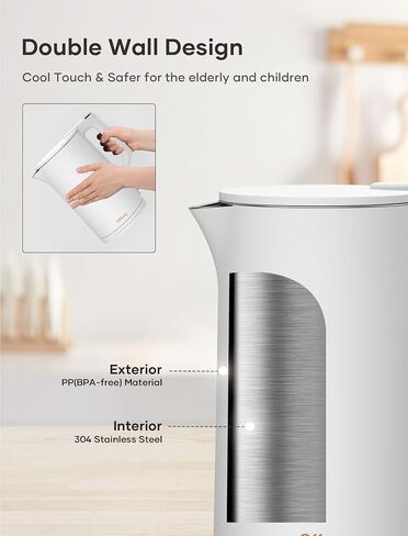 Electric Kettle, 304 Stainless Steel Interior, BPA-Free, Double Wall 1.5L Hot Water Boiler, 1500W Tea Kettle with Auto Shut-Off & Boil Dry Protection, Cordless Base & LED Indicator, White in Saudi Arabia