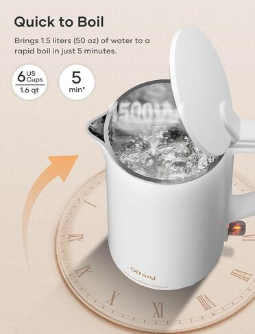 Electric Kettle, 304 Stainless Steel Interior, BPA-Free, Double Wall 1.5L Hot Water Boiler, 1500W Tea Kettle with Auto Shut-Off & Boil Dry Protection, Cordless Base & LED Indicator, White in Saudi Arabia