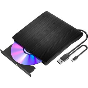 External DVD Drive, CD ROM +/-RW Portable CD Burner, USB 3.0 Type-C CD/DVD Player Writer Reader, External Disc Drive Compatible with Laptop Desktop PC Mac Windows Linux (Black)