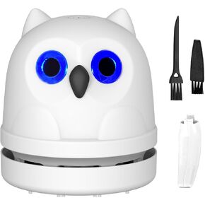 مكنسة كهربائية مكتبية صغيرة لسطح المكتب، مكنسة كهربائية صغيرة لكسرات البومة، شحن USB مع فرشاة تنظيف فوهة مكنسة كهربائية، مكنسة كهربائية صغيرة لطاولة الشرب لتنظيف الشعر والفتات ولوحة مفاتيح الكمبيوتر (أبيض)