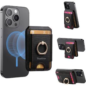 for Magsafe Wallet,Magnetic Card Holder for iPhone 16/15/14/13 Series,Up to 4000Gs Magnet Strength,with Adjustable Stand and Ring Grip,3 Slots,Fit 5 Cards,RFID Blocking,Vegan Leather(Black)