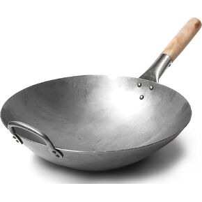 Craft Wok Traditional Hand Hammered Carbon Steel Pow Wok with Wooden and Steel Helper Handle (14 Inch, Round Bottom) / 731W88