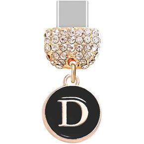 ELISE & FONDA TP56 Type-C USB Charging Port Crystal Anti Dust Plug Tiny Round letter D Cell Phone Charm for Samsung/Huawei/OnePlus/Xiaomi/oppo New Android Phones(Black)