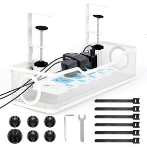 Under Desk Cable Management Tray - Aoriyar Cable Tray Organizer No Drill, White Desk Cord Management with Cable Ties Clips, Wire Management Box for Office and Home No Damage to Desk