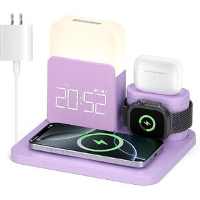 Wireless Charging Station, 7 in 1 Wireless Charger Stand with Dual Alarm Clock, Charging Dock for iPhone16/15/14/13/12/11/Pro/Max/Samsung Phone, Apple Watch 9/8/7/6/5/SE, AirPods/3/2/1(with Adapter)