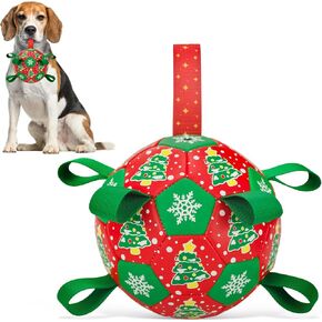 Christmas Soccer Ball Dog Toy with Straps Dog Interactive Play Balls for Tug of War Christmas Tree & Snowflower Pattern Dog Soccer Ball for Small Medium Big Size Dog (8 inches)