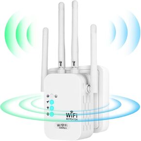 WiFi Repeater Extender WiFi Wireless Signal Booster 4 Antennas,with 2Ethernet Port 300 sqm Coverage Easy Setup Home and Office WiFi Amplifier