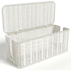 Cable Management Box,Handwoven Imitation Rattan Cord Hider Organizer Box With Lid,2 Open Slots Cable Organizer Box For Tv Computer Usb Hub To Hide Power Strips & Cords-13.7" L*6.2" W-White