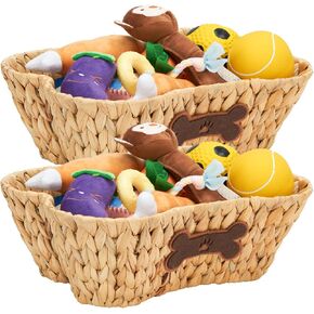 ELONG HOME Wicker Basket for Pet Toys, 2 Pack Stylish and Natural Toy Basket for Dog and Cat Toys, Dog Storage Organizer with Bone Shape