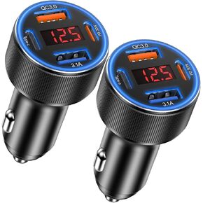 Car Charger USB C, Besgoods 4 Ports Cigarette Lighter USB Charger USB C Car Adapter PD/QC Fast Charging with Voltmeter for iPhone 16 15 14 13 12 Galaxy S24 S23 A54 A15 Android Dash Cam, 2Pack