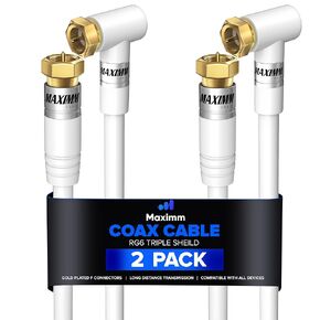 Coaxial Cable RG6, with a Right Angle 90-Degree Connector, 15 ft, 2 Pack, Coax Cable F-Type Triple Shielded Coax Cable 15 Feet (White)