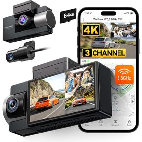 WOLFBOX i17 4K 3 Channel Dash Cam Built-in 5.8GHz WiFi GPS with 64GB Card, 4K+1080P+1080P Dash Cam Front and Rear Inside, Triple Car Camera with 3 Inch Screen, IR Night Vision, WDR, 24H Parking Mode