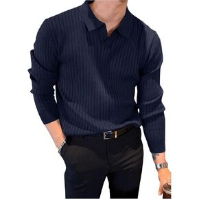 OYOANGLE Men's Sweater Classic Soft Solid Ribbed Knit Long Sleeve Collar Neck Shirt