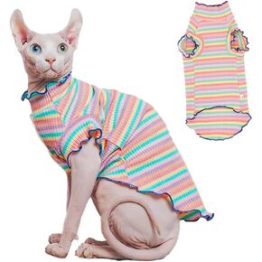 Sphynx Cat Clothes, Hairless Cat Shirt, Soft Stretchy Sweater for Cats, Breathable Cat Daily Outfit, Cat Pullover for Cornish Rex, Devon Rex (Pink Cartoon, XXL (8.5-12lbs))