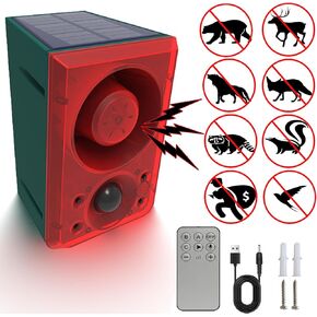 Solar Motion Sensor Alarm Outdoor - Dog Barking & Gunshot Sound, Support Recording & Adjustable Volume, 130db Loud Motion Dedector Alarm with Strobe Light, Remote Control, Scare Away Unwanted Intruder