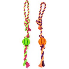 CHIWAVA 2 Pack 2" Rope Rubber Dog Toys,Dental Ball on Rope, Tug Fetch Ball for Small Dog Assorted Color