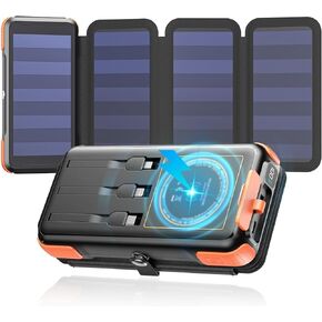 SOARAISE Solar Charger 25000mAh Wireless Portable Charger, 20W Fast Charging Power Bank with Built-in 3 Cables, PD QC 3.0 Phone Battery Pack with 4 Solar Panels & Flashlights for Outdoor Camping