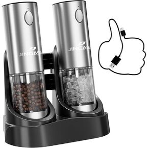 [Upgraded Larger Capacity] Electric Salt and Pepper Grinder Set with USB Charging Base, 95ml Large Capacity, Adjustable Coarseness,Stainless Steel Automatic Pepper Mill with One-Hand Operation, 2 Pack