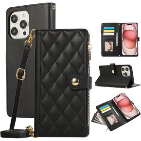 SZHAIYU Zipper Wallet Handbag Purse Compatible with iPhone 16 Pro Max Crossbody Case with Credit Card Holder Wrist Strap Lanyard Women 6.9'' Flip Faux Leather (Purple,IP 16 Pro Max)