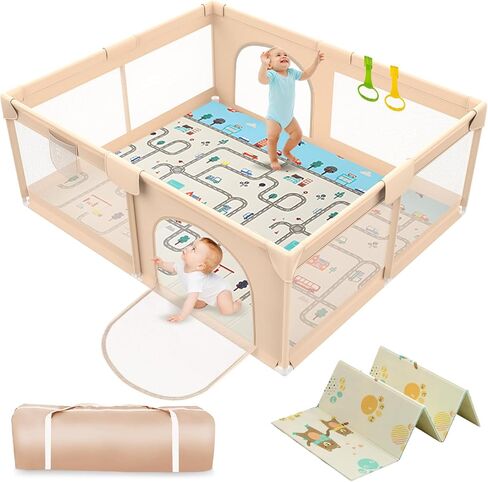 Playpen with Mat 71x59inch - Extra Large Baby Playpen for Babies and Toddlers - Indoor and Outdoor Baby Playpen with Soft Breathable Mesh Cover - Sturdy Foam Baby Gate Playpen (Apricot) in Saudi Arabia