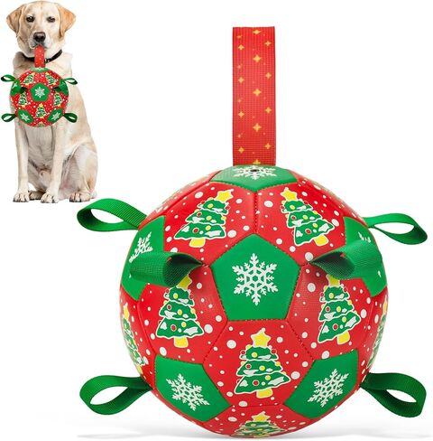 Christmas Soccer Ball Dog Toy with Straps Dog Interactive Play Balls for Tug of War Christmas Tree & Snowflower Pattern Dog Soccer Ball for Small Medium Big Size Dog (8 inches) in Saudi Arabia