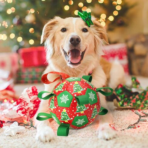 Christmas Soccer Ball Dog Toy with Straps Dog Interactive Play Balls for Tug of War Christmas Tree & Snowflower Pattern Dog Soccer Ball for Small Medium Big Size Dog (8 inches) in Saudi Arabia