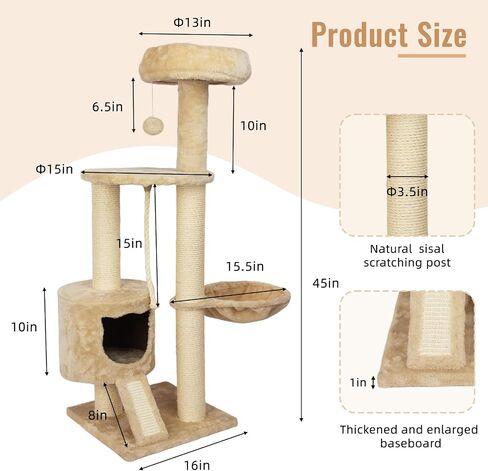 Large Cat Tower Cat Tree with Widened Perch for Large Cats Kittens, 45.3-Inch Cat Tower for Indoor Cats, Multi-Level Cat Condo, Scratching Posts and Ramp,Cat Basket（Beige） in Saudi Arabia