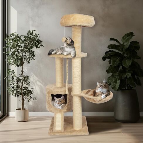 Large Cat Tower Cat Tree with Widened Perch for Large Cats Kittens, 45.3-Inch Cat Tower for Indoor Cats, Multi-Level Cat Condo, Scratching Posts and Ramp,Cat Basket（Beige） in Saudi Arabia