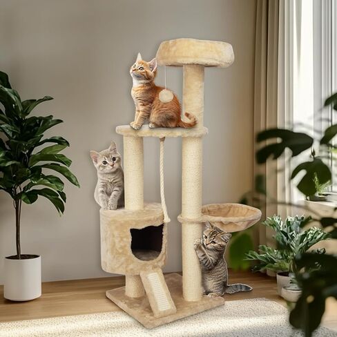 Large Cat Tower Cat Tree with Widened Perch for Large Cats Kittens, 45.3-Inch Cat Tower for Indoor Cats, Multi-Level Cat Condo, Scratching Posts and Ramp,Cat Basket（Beige） in Saudi Arabia