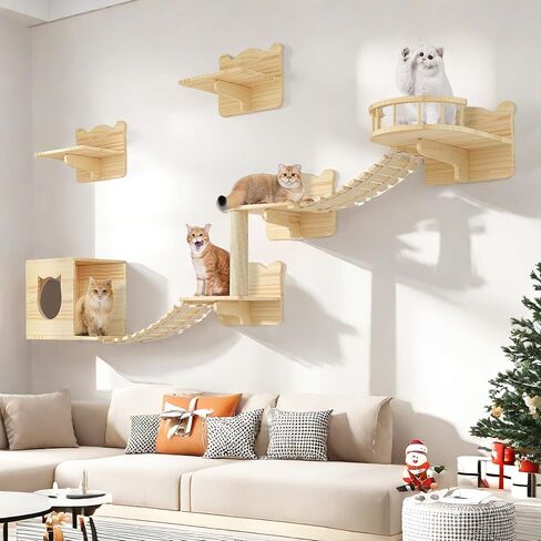 YITAHOME Cat Wall Shelves and Perches for Wall, Solid Wood Wall Mounted Cat Furniture 9 Piece Set, Cat Climbing Shelves Playground Scratching Post with 4 Steps Indoor Mounted Condos House in Saudi Arabia